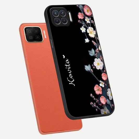 Black Elegance Floral Custom Name phone case For Oppo F17 showing premium glass back cover with detailed artwork