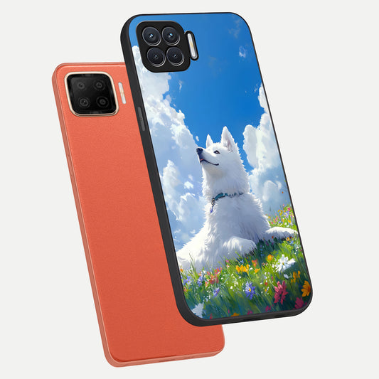 Blissful Cloud Pup phone case For Oppo F17 showing premium glass back cover with detailed artwork