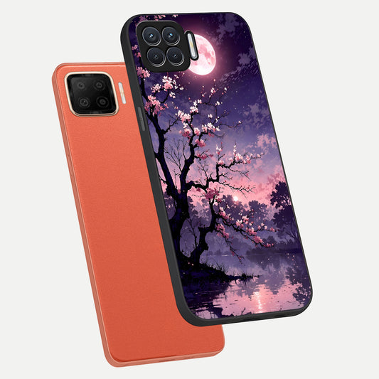 Blossom Pink Moon phone case For Oppo F17 showing premium glass back cover with detailed artwork
