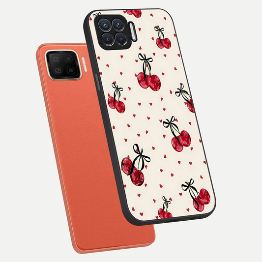 Cherry Heart Bow phone case For Oppo F17 showing premium glass back cover with detailed artwork