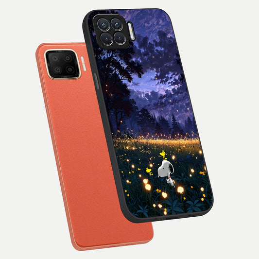 Firefly Meadow Magic phone case For Oppo F17 showing premium glass back cover with detailed artwork