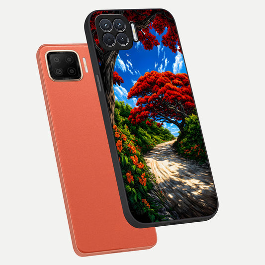Red Trees Pathway phone case For Oppo F17 showing premium glass back cover with detailed artwork