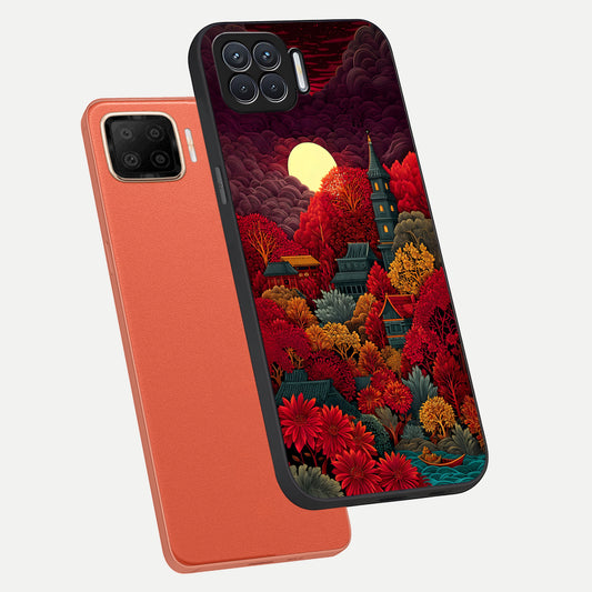 Scarlet Autumn Temple phone case For Oppo F17 showing premium glass back cover with detailed artwork