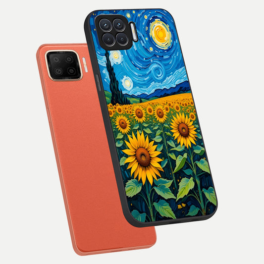 Starry Sunflower Dreams phone case For Oppo F17 showing premium glass back cover with detailed artwork