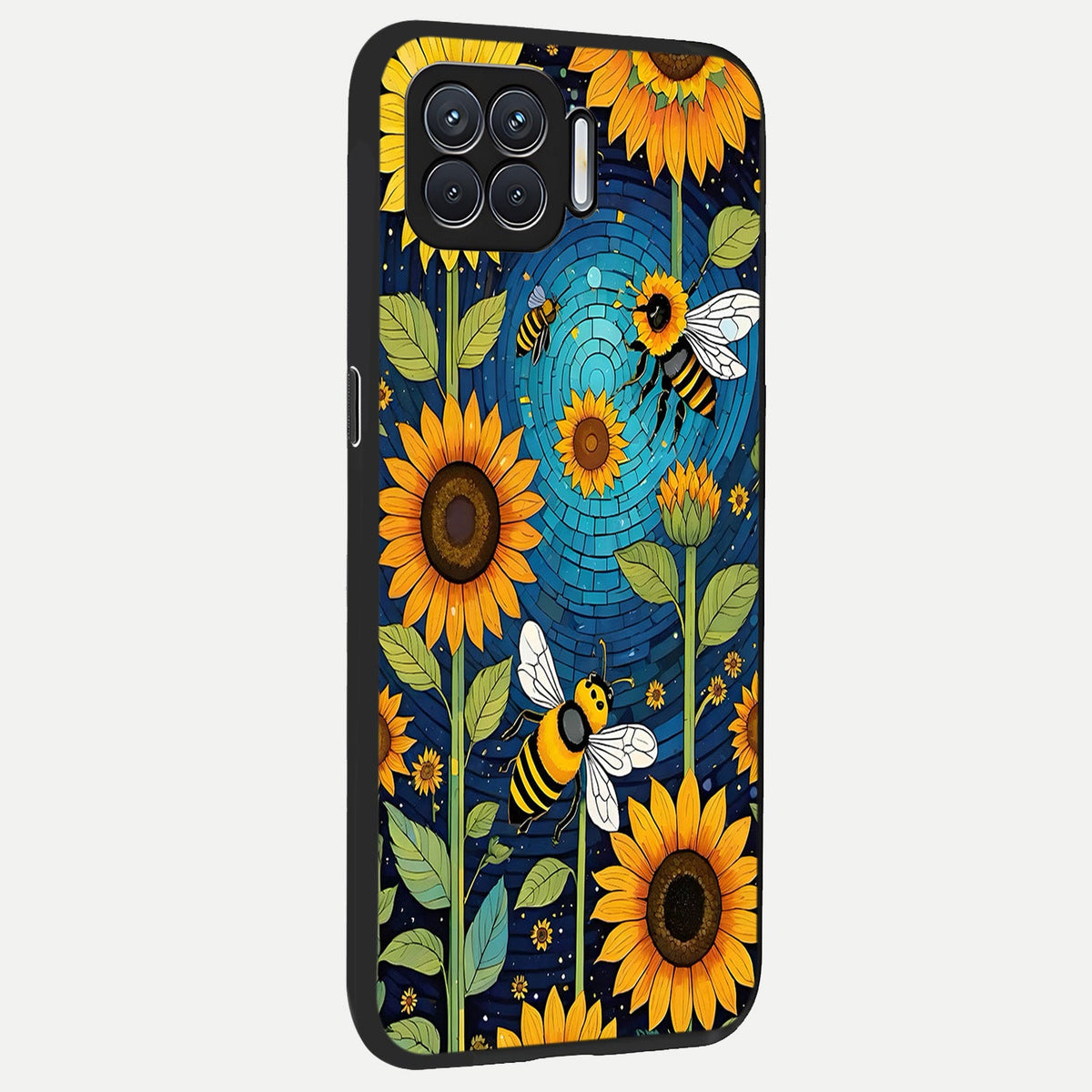 Bees And Sunflowers back cover For Oppo F17 slim fit glass case with vibrant aesthetic design