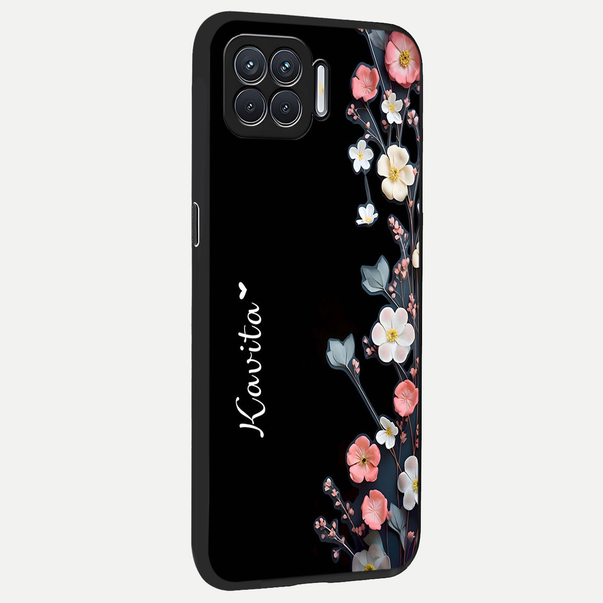 Black Elegance Floral Custom Name back cover For Oppo F17 slim fit glass case with vibrant aesthetic design