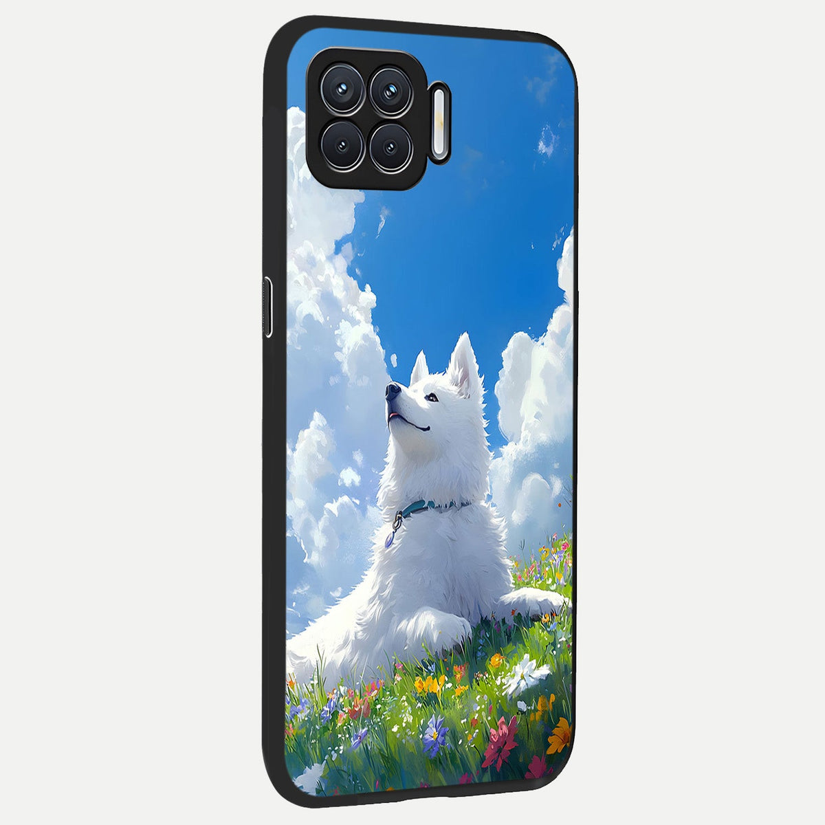 Blissful Cloud Pup back cover For Oppo F17 slim fit glass case with vibrant aesthetic design