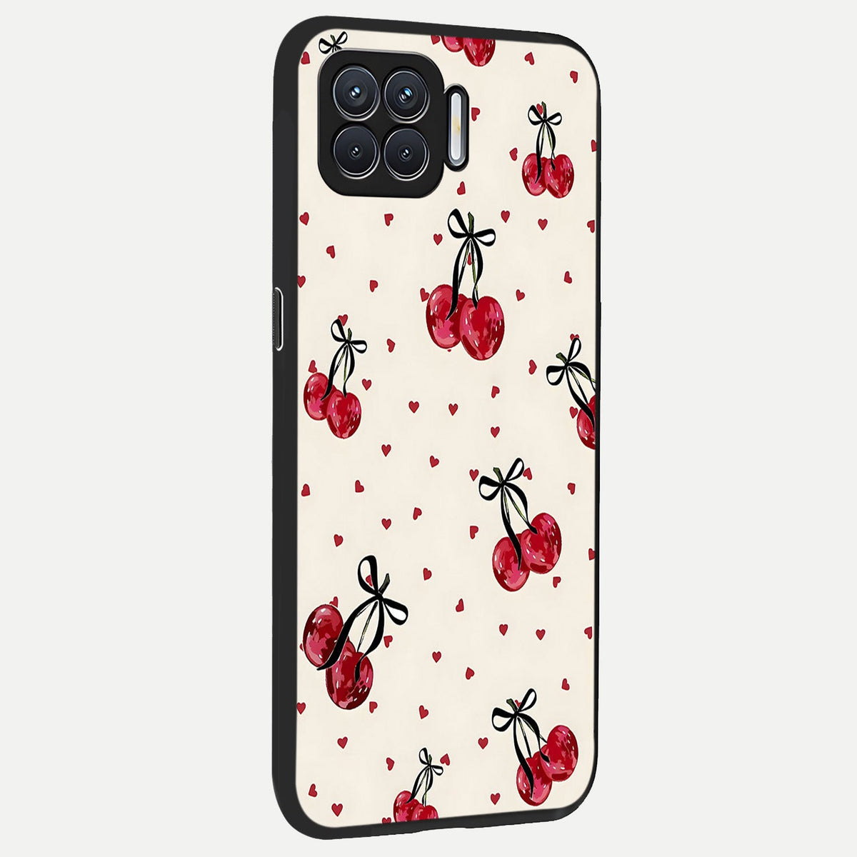 Cherry Heart Bow back cover For Oppo F17 slim fit glass case with vibrant aesthetic design