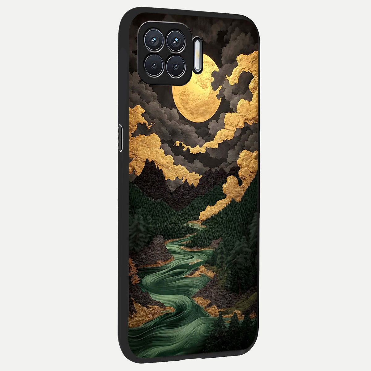 Golden River Moon back cover For Oppo F17 slim fit glass case with vibrant aesthetic design