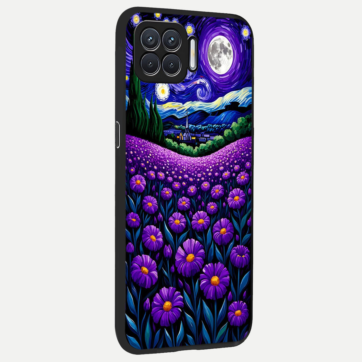 Lavender Moon Field back cover For Oppo F17 slim fit glass case with vibrant aesthetic design