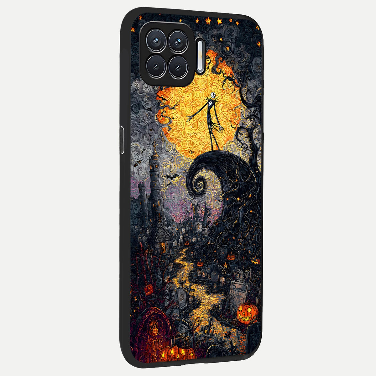 Pumpkin Moon Night back cover For Oppo F17 slim fit glass case with vibrant aesthetic design