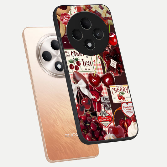 Aesthetic Cherry Tea phone case For Oppo F27 5G showing premium glass back cover with detailed artwork