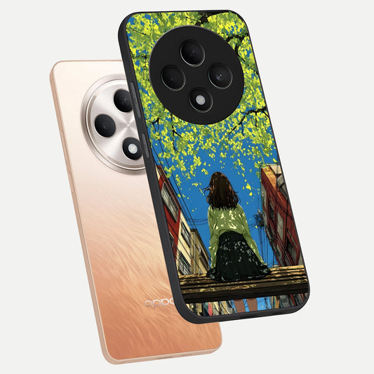 Golden Leaves Glow phone case For Oppo F27 5G showing premium glass back cover with detailed artwork