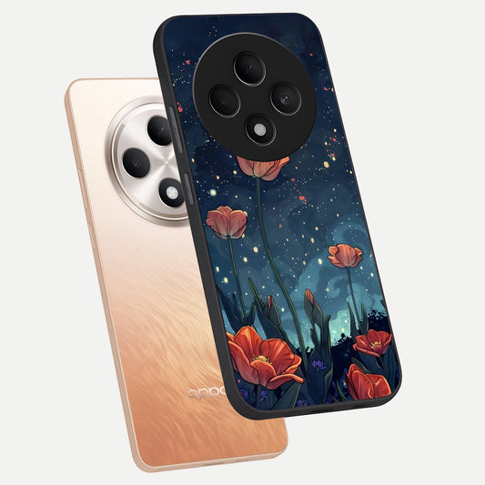 Midnight Tulip Glow phone case For Oppo F27 5G showing premium glass back cover with detailed artwork