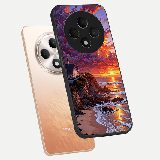 Sunset House By Sea phone case For Oppo F27 5G showing premium glass back cover with detailed artwork