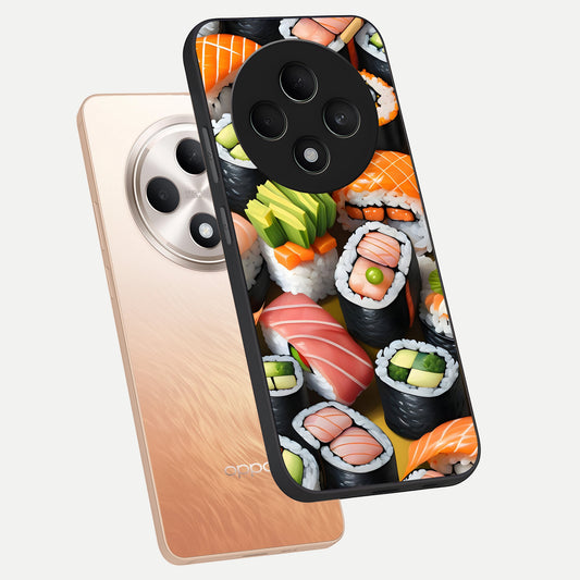 Sushi Food Pattern phone case For Oppo F27 5G showing premium glass back cover with detailed artwork