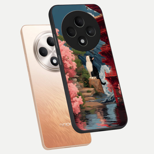Temple Cat Scenery phone case For Oppo F27 5G showing premium glass back cover with detailed artwork
