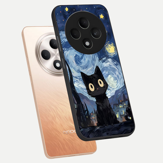 Van Gogh Cat phone case For Oppo F27 5G showing premium glass back cover with detailed artwork