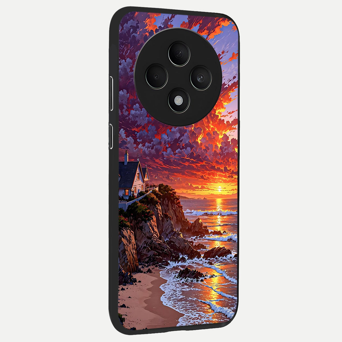 Sunset House By Sea back cover For Oppo F27 5G slim fit glass case with vibrant aesthetic design