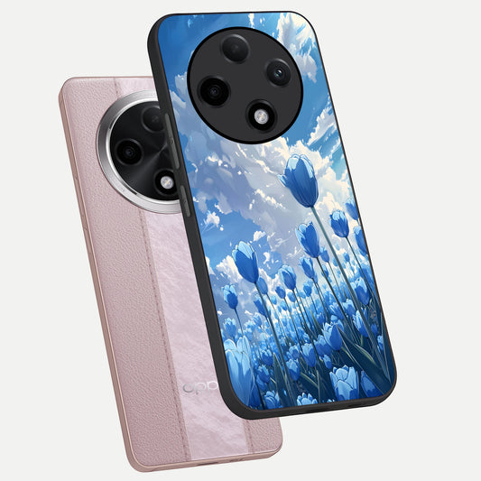 Blue Tulip Clouds phone case For Oppo F27 Pro Plus showing premium glass back cover with detailed artwork