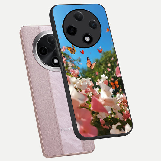 Butterflies In Bloom Sky phone case For Oppo F27 Pro Plus showing premium glass back cover with detailed artwork