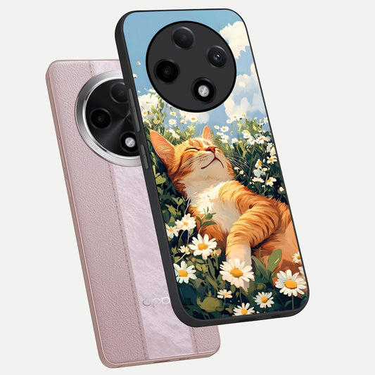 Cat And Flowers View phone case For Oppo F27 Pro Plus showing premium glass back cover with detailed artwork
