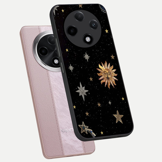 Celestial Moon With Stars phone case For Oppo F27 Pro Plus showing premium glass back cover with detailed artwork
