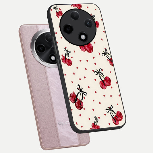 Cherry Heart Bow phone case For Oppo F27 Pro Plus showing premium glass back cover with detailed artwork