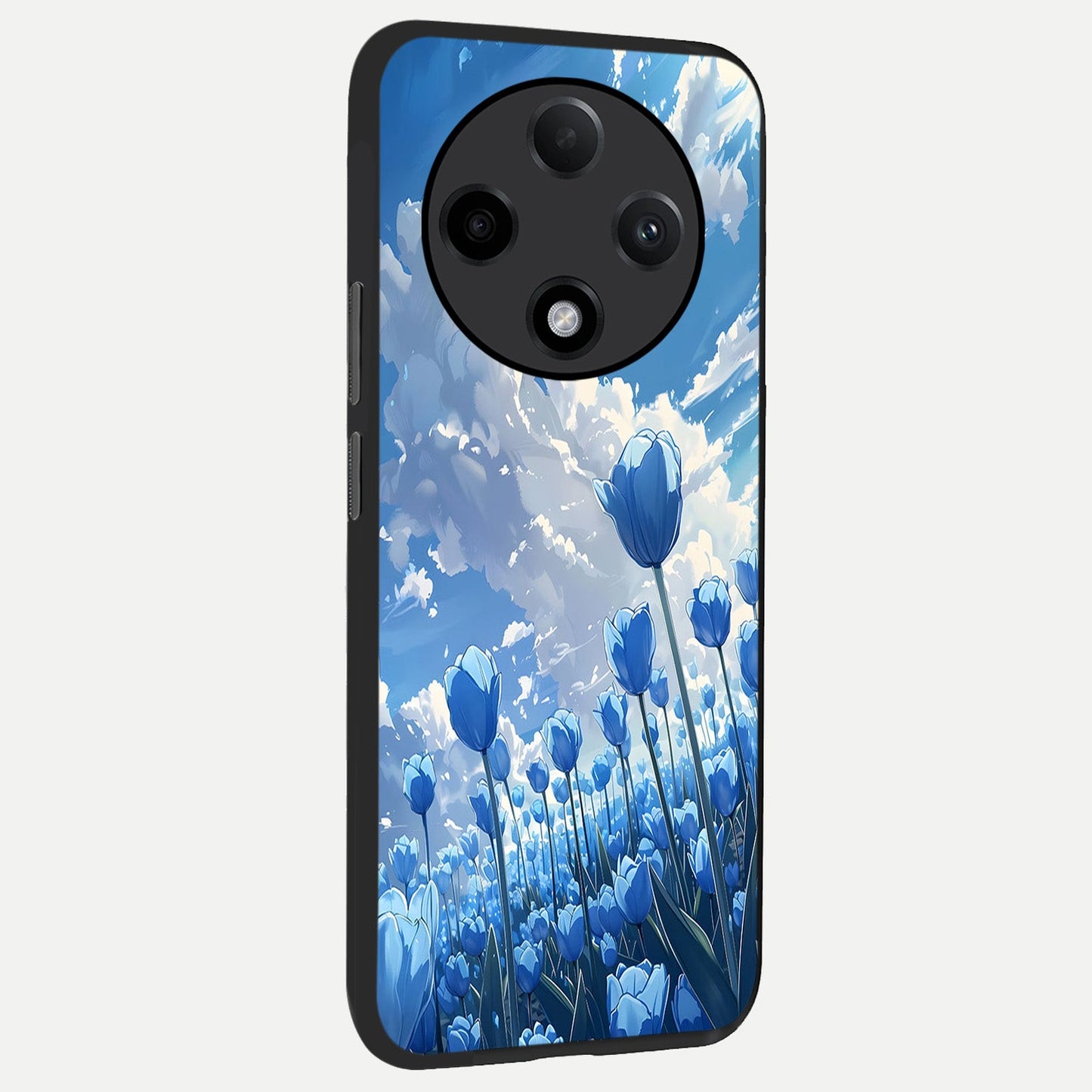 Blue Tulip Clouds back cover For Oppo F27 Pro Plus slim fit glass case with vibrant aesthetic design