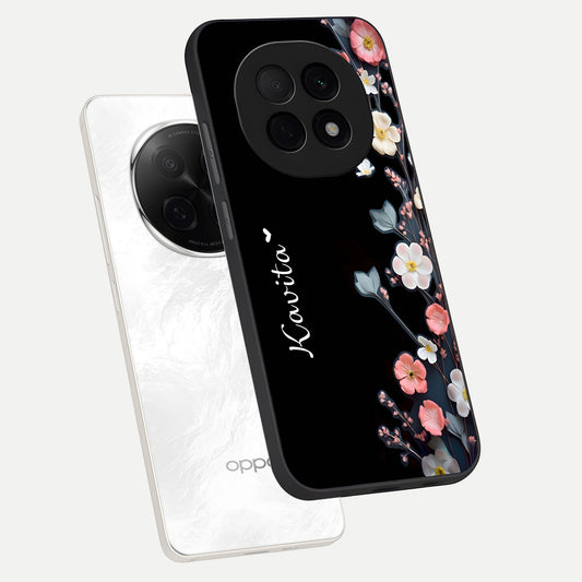 Black Elegance Floral Custom Name phone case For Oppo F29 Pro 5G showing premium glass back cover with detailed artwork