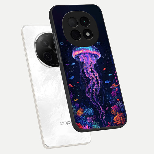 Neon Jellyfish phone case For Oppo F29 Pro 5G showing premium glass back cover with detailed artwork