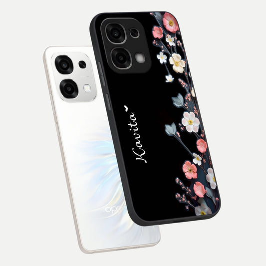 Black Elegance Floral Custom Name phone case For Oppo F33 5G showing premium glass back cover with detailed artwork