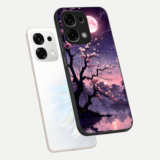 Blossom Pink Moon phone case For Oppo F33 5G showing premium glass back cover with detailed artwork