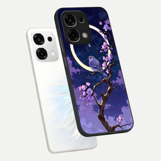 Celestial Bird Blossom phone case For Oppo F33 5G showing premium glass back cover with detailed artwork