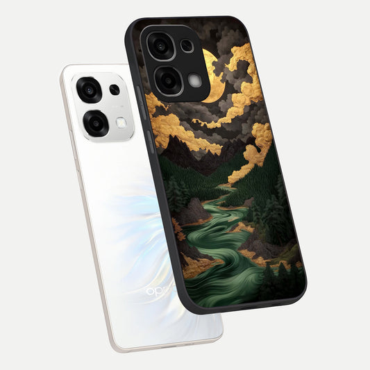 Golden River Moon phone case For Oppo F33 5G showing premium glass back cover with detailed artwork
