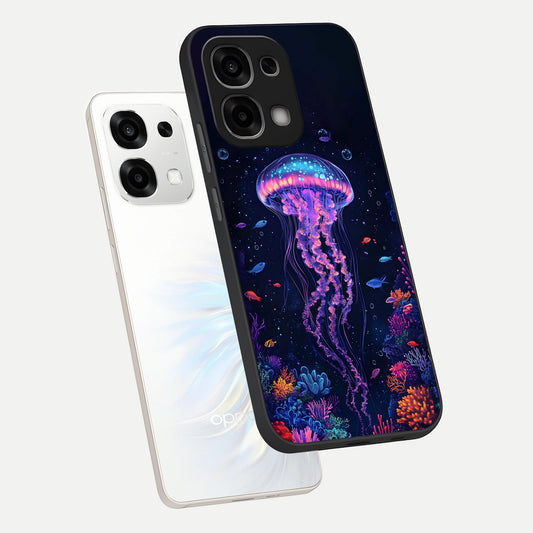 Neon Jellyfish phone case For Oppo F33 5G showing premium glass back cover with detailed artwork