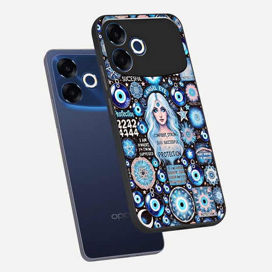 Angel Aura Shield phone case For Oppo F33 Pro 5G showing premium glass back cover with detailed artwork