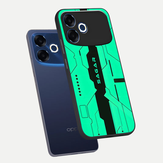 Aqua Tech CYBERPUNK Custom Name phone case For Oppo F33 Pro 5G showing premium glass back cover with detailed artwork