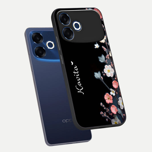 Black Elegance Floral Custom Name phone case For Oppo F33 Pro 5G showing premium glass back cover with detailed artwork