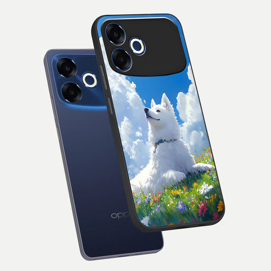 Blissful Cloud Pup phone case For Oppo F33 Pro 5G showing premium glass back cover with detailed artwork