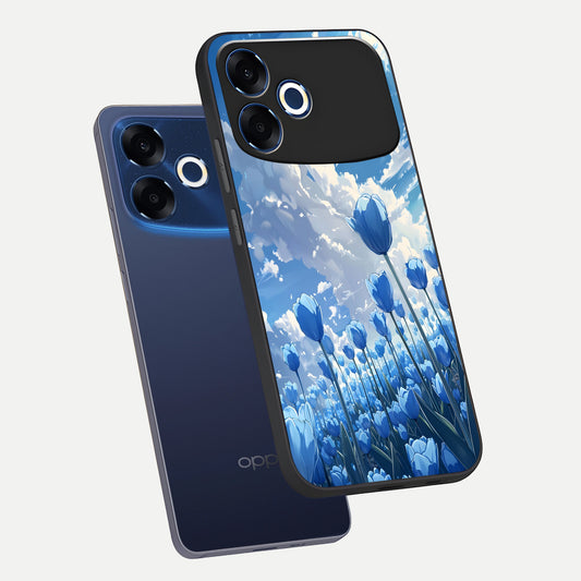 Blue Tulip Clouds phone case For Oppo F33 Pro 5G showing premium glass back cover with detailed artwork