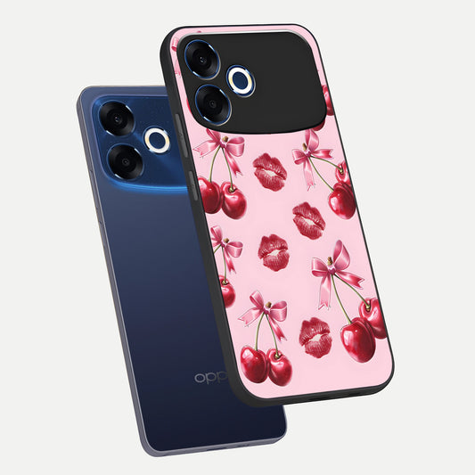 Cherry With Lips phone case For Oppo F33 Pro 5G showing premium glass back cover with detailed artwork