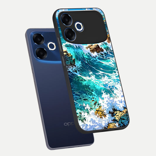Coastal Blue Waves phone case For Oppo F33 Pro 5G showing premium glass back cover with detailed artwork