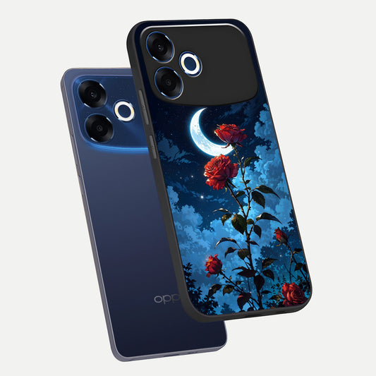 Crimson Rose Moon phone case For Oppo F33 Pro 5G showing premium glass back cover with detailed artwork