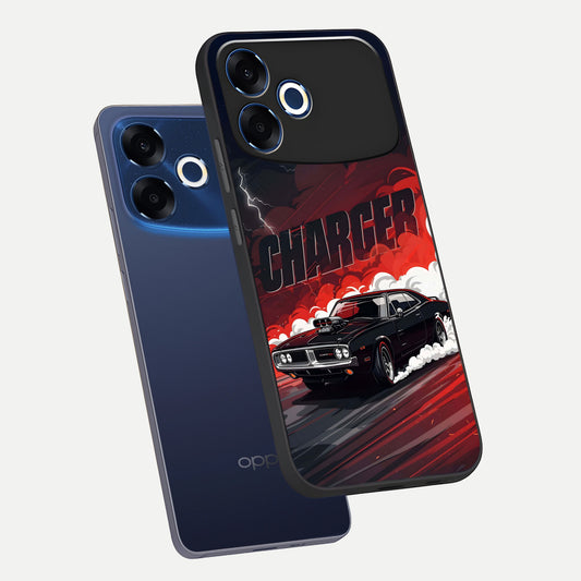 Dark Charger Fury phone case For Oppo F33 Pro 5G showing premium glass back cover with detailed artwork