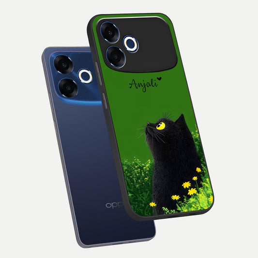 Emerald Cat Custom Name phone case For Oppo F33 Pro 5G showing premium glass back cover with detailed artwork