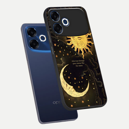 Golden Lunar Love phone case For Oppo F33 Pro 5G showing premium glass back cover with detailed artwork