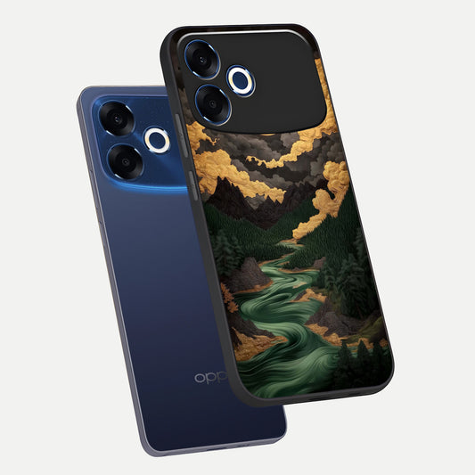 Golden River Moon phone case For Oppo F33 Pro 5G showing premium glass back cover with detailed artwork