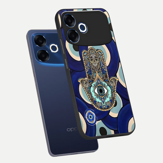 Hamsa Divine Guard phone case For Oppo F33 Pro 5G showing premium glass back cover with detailed artwork