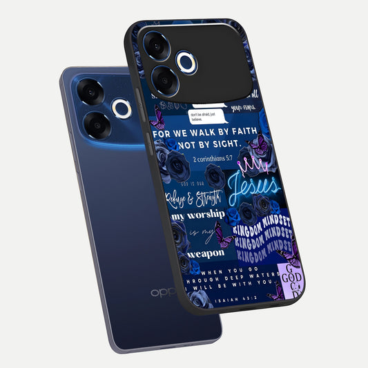 Kingdom Faith Glow phone case For Oppo F33 Pro 5G showing premium glass back cover with detailed artwork